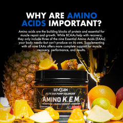 Evogen Amino K.E.M. preworkout-pump suggests enhanced pump potential.