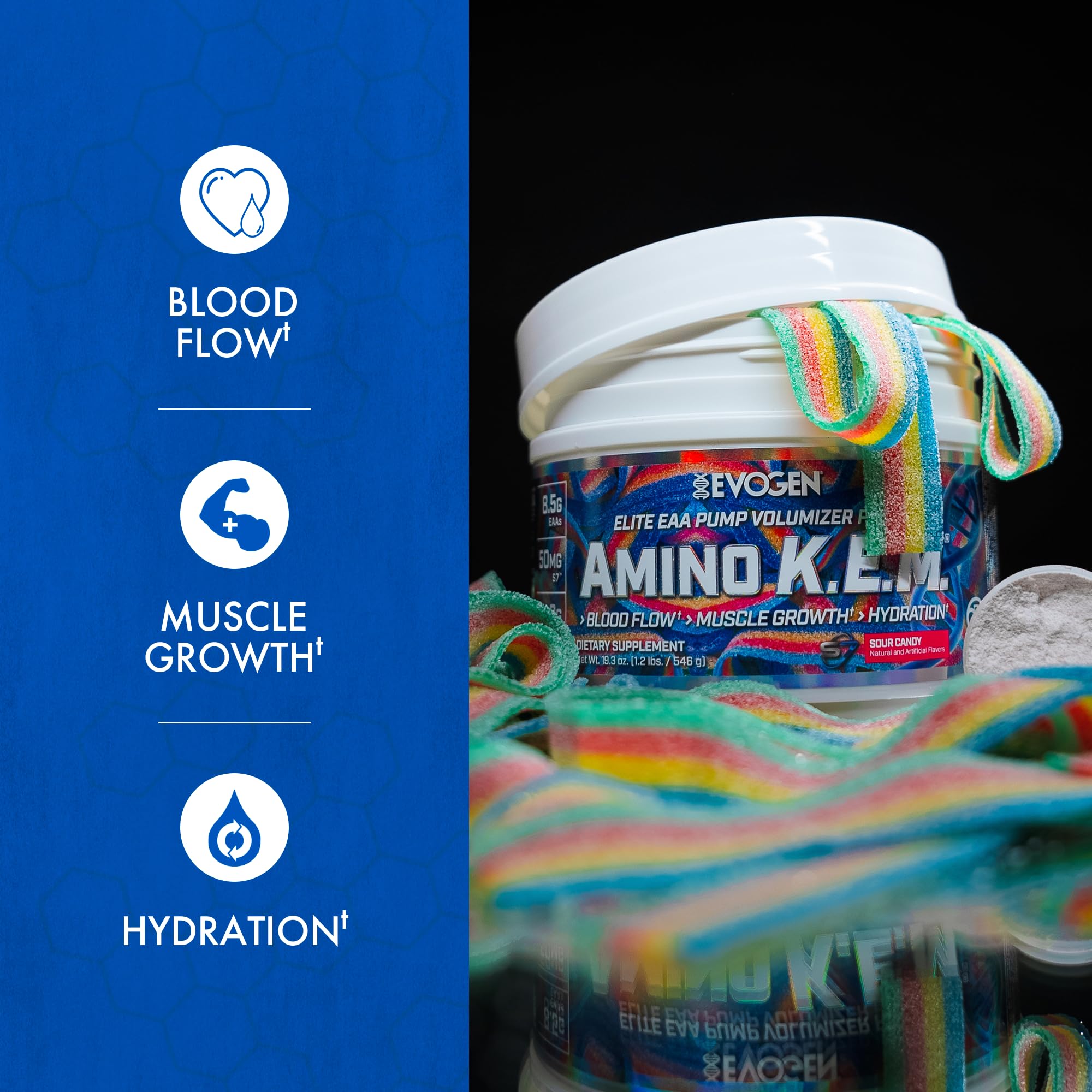 Evogen Amino K.E.M. S7 nitric oxide boost enhances blood flow during training.