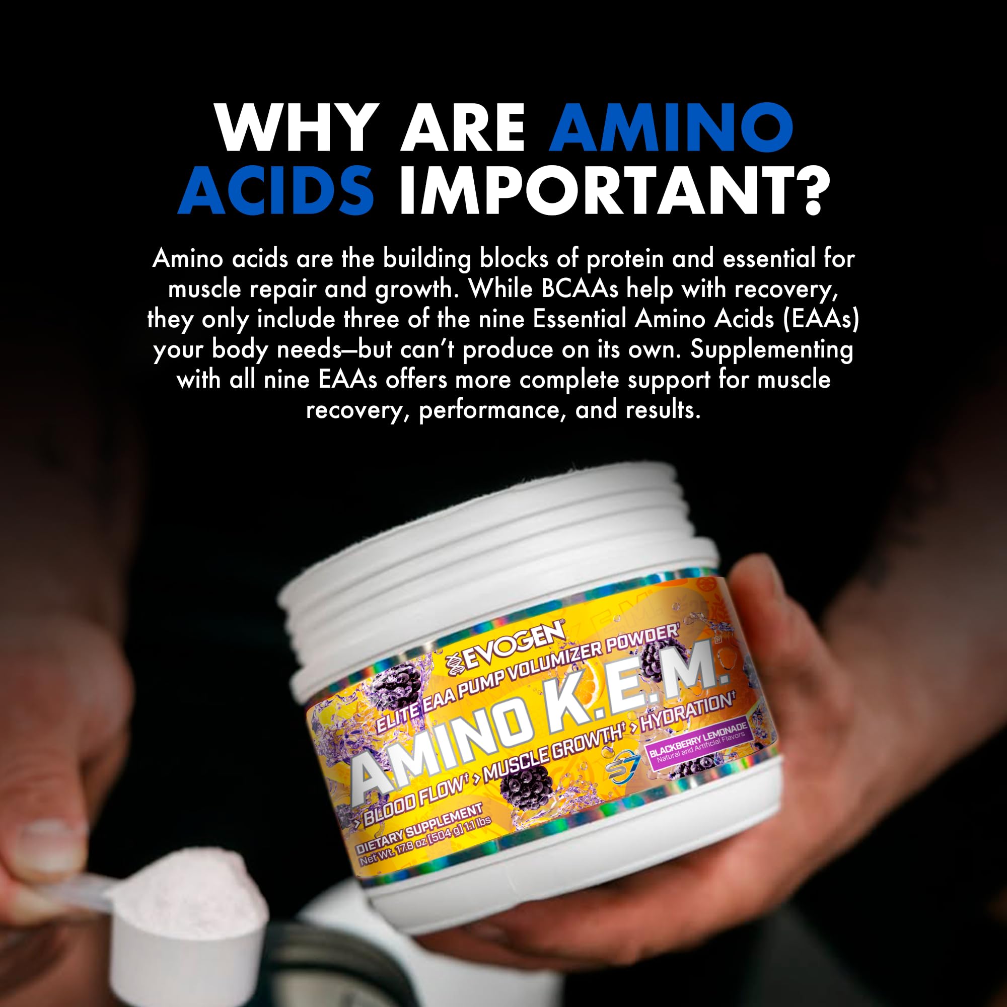Evogen Amino K.E.M. serving scoop emphasizes precise dosing