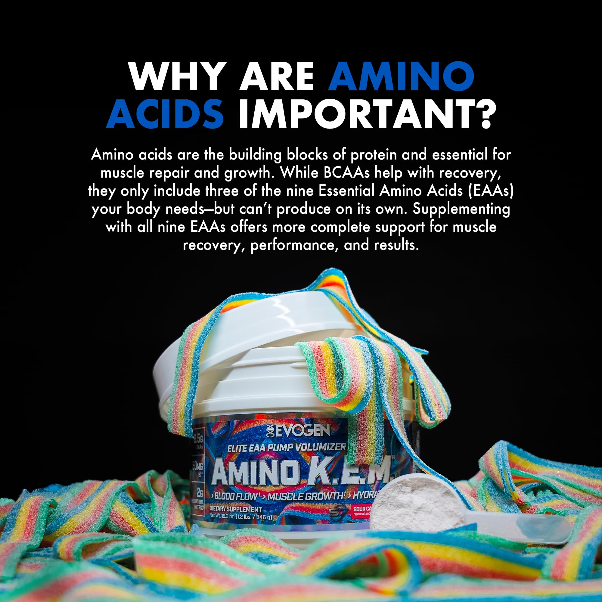Evogen Amino K.E.M. full serving supports recovery, hydration, and nutrient delivery.