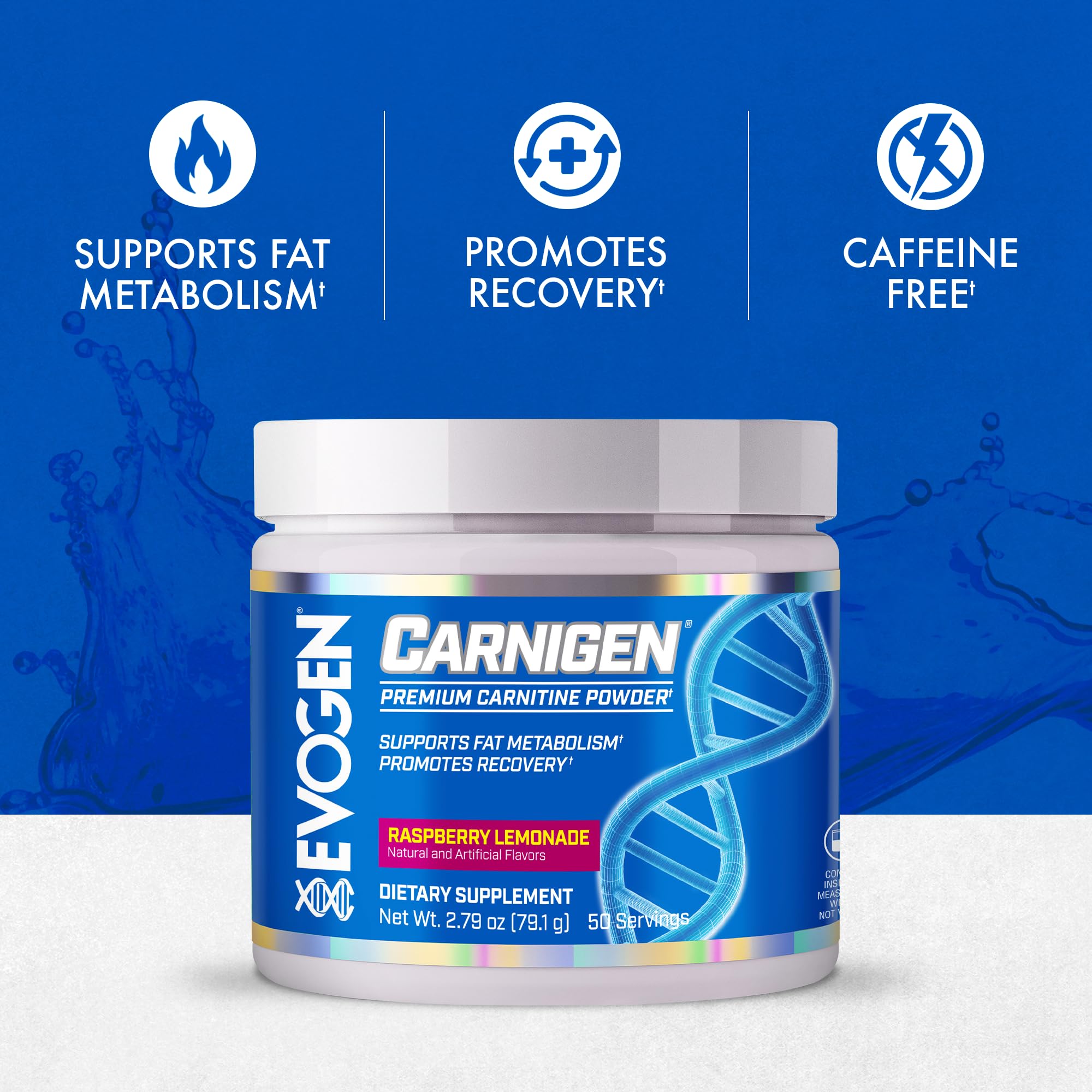 Evogen Carnigen Raspberry Lemonade bottle highlights flavor and formula