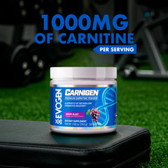 Evogen Carnigen powder texture shot conveys premium formulation and smooth texture