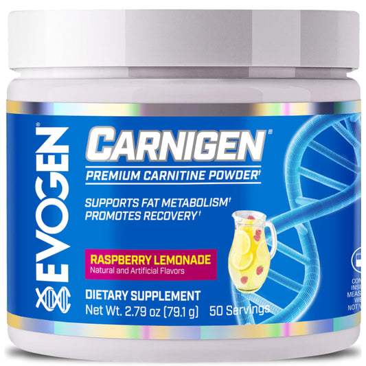 Evogen Carnigen powder tub front showing stimulant-free fat metabolism support