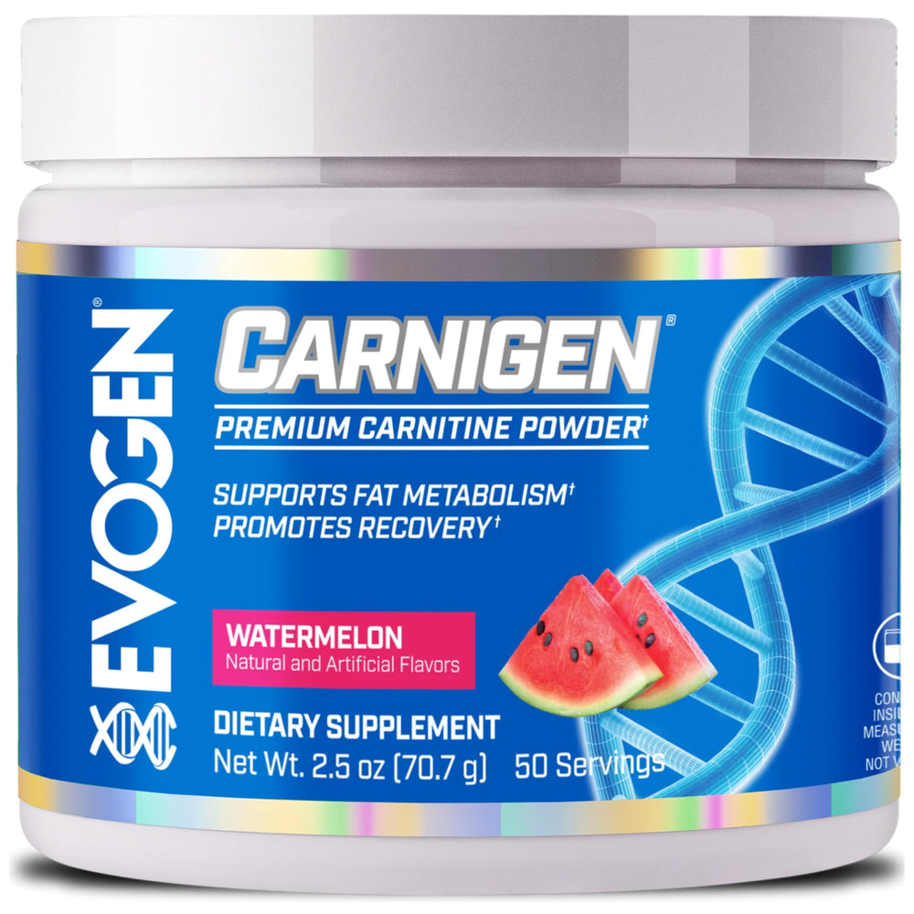 Evogen Carnigen Watermelon bottle shows stimulant-free fat metabolism support for energy and recovery