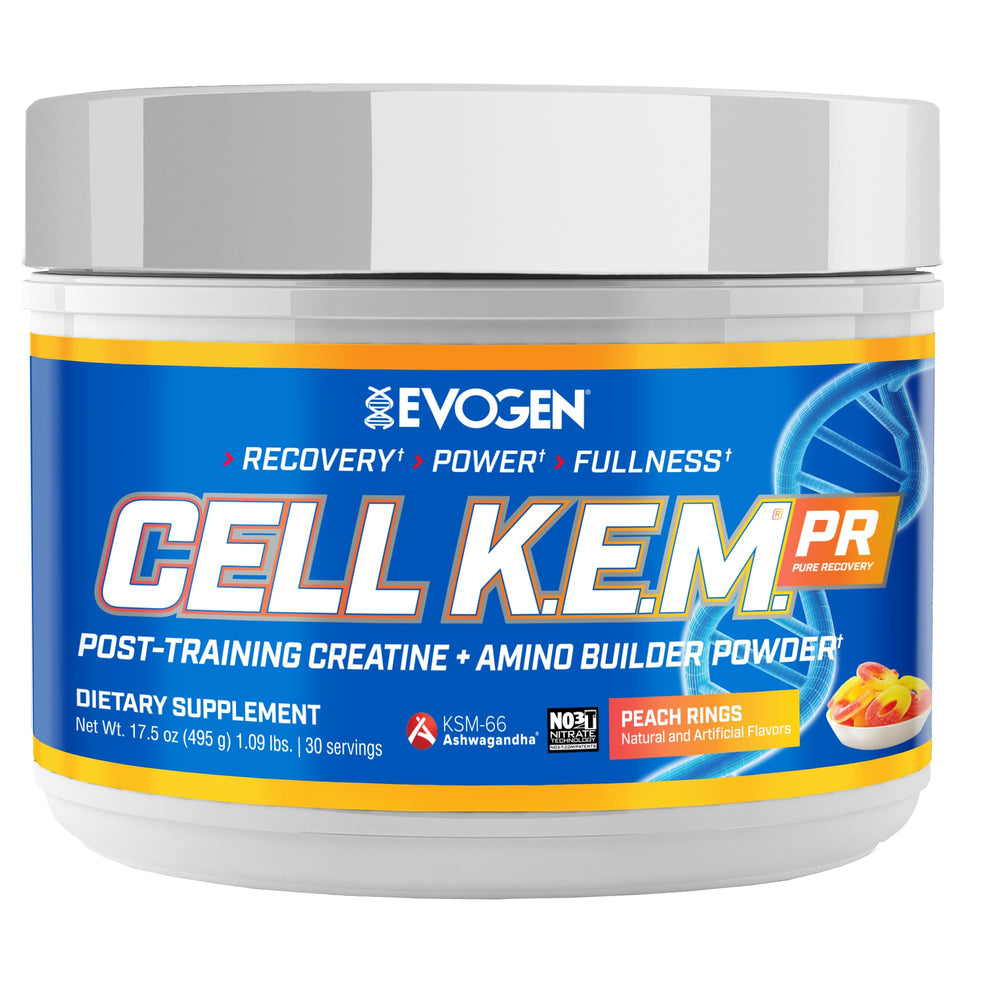 Evogen Cell K.E.M. PR V.2 bottle shows Peach Rings flavor for post-workout recovery