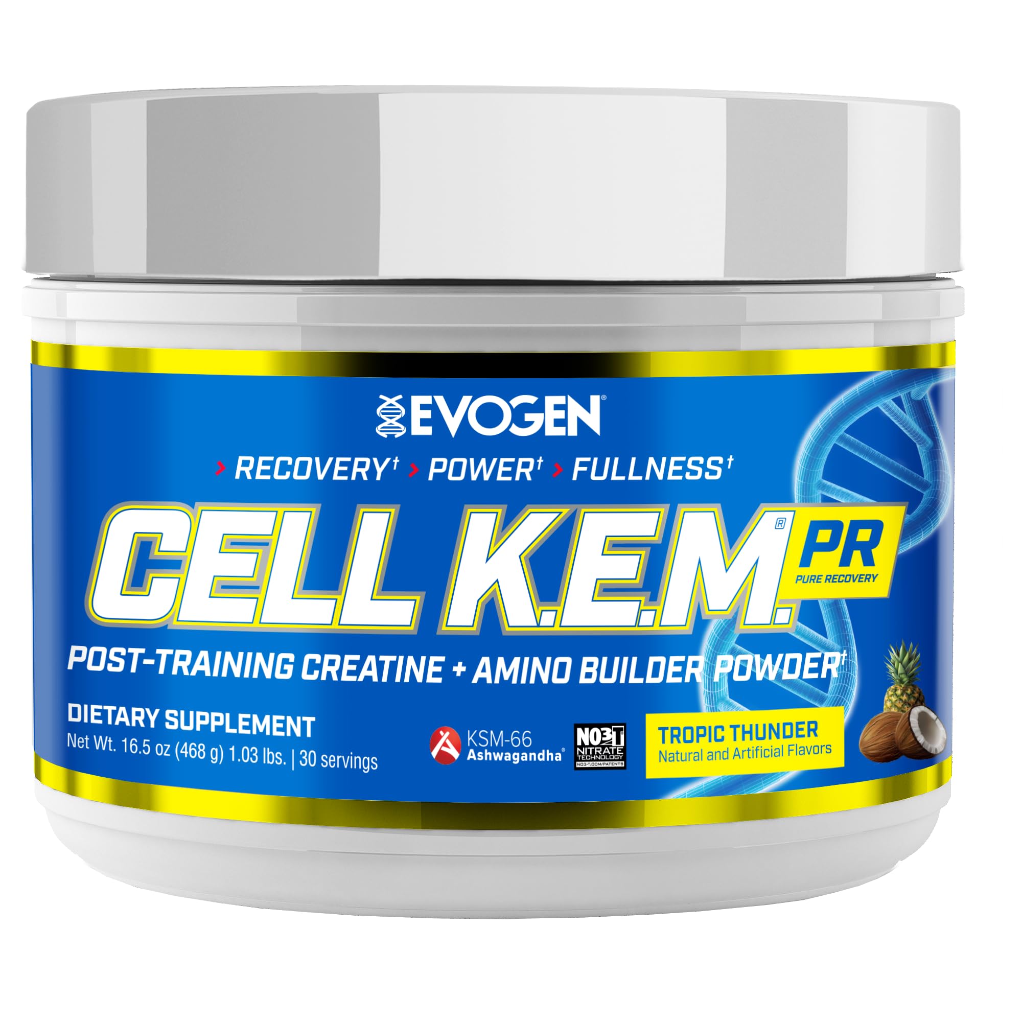 Evogen Cell K.E.M. PR V2 recovery powder bottle supports post-workout recovery.