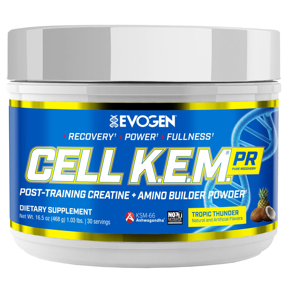 Evogen Cell K.E.M. PR V2 recovery powder bottle supports post-workout recovery.