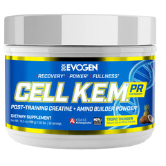 Evogen Cell K.E.M. PR V2 recovery powder bottle supports post-workout recovery.