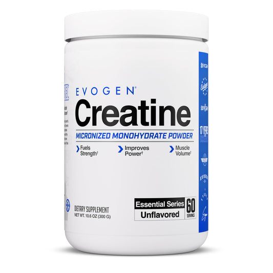 Evogen Creatine Monohydrate powder bottle, micronized for easier mixing and absorption