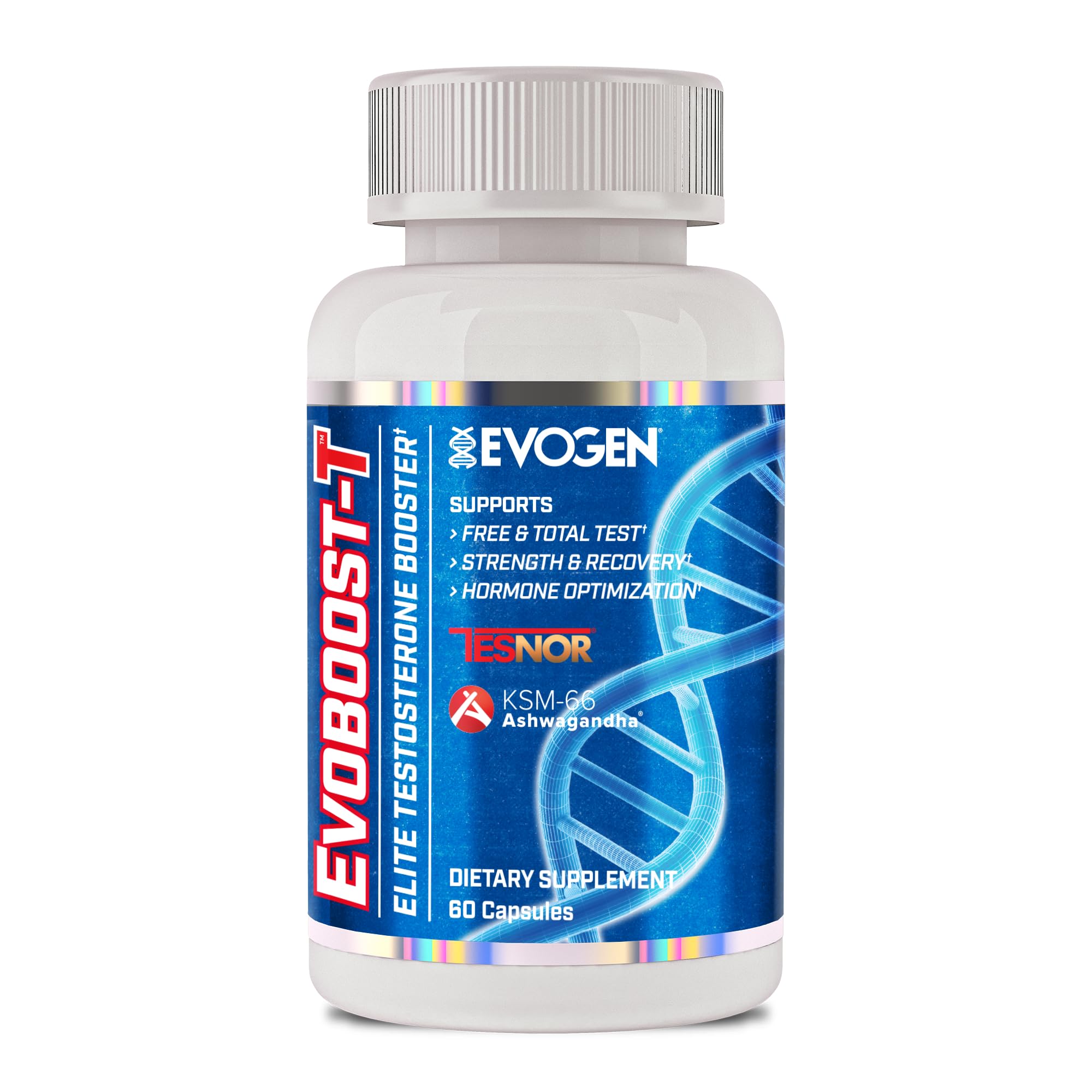 Evogen Evoboost-T bottle front showing premium packaging and brand presence for testosterone support.