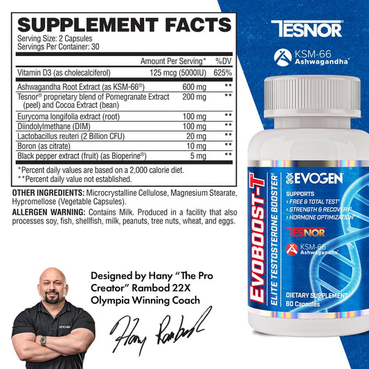 Evogen Evoboost-T capsules close-up highlighting a clean wellness design and recovery potential.