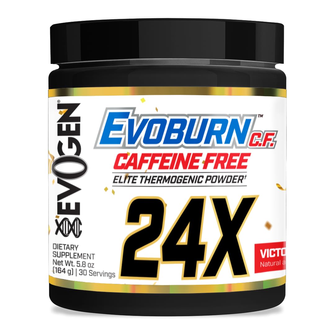Evogen Evoburn Caffeine Free bottle promoting caffeine-free energy support.