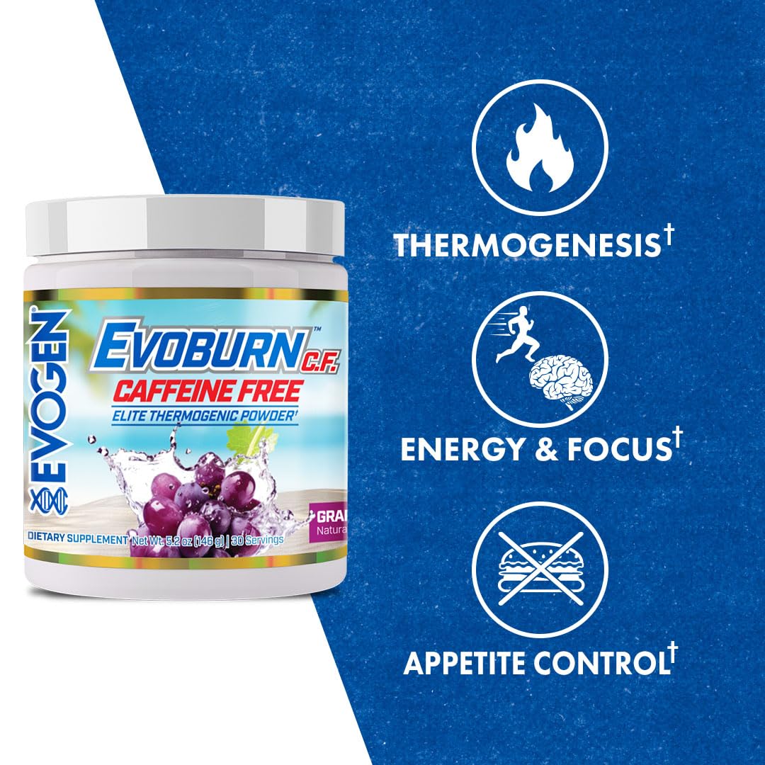 Evogen Evoburn caffeine-free grape blast scoop shows portable fat burner ingredients.