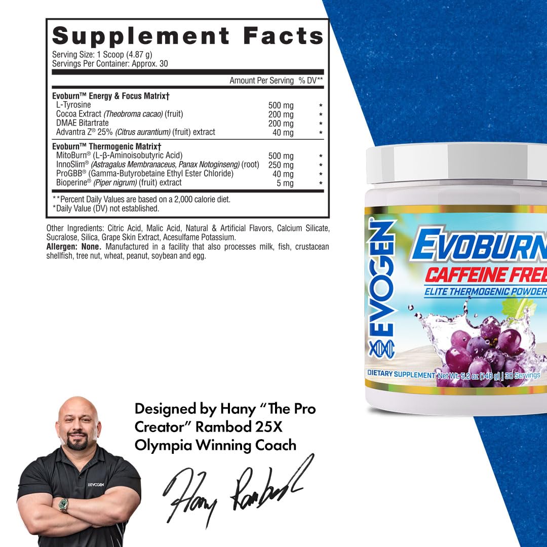 Evogen Evoburn caffeine-free grape blast label highlights formula for metabolism support.
