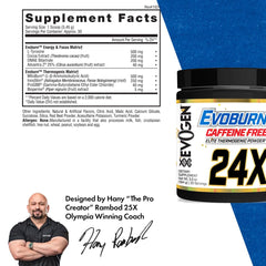 Evogen Evoburn caffeine-free label closeup highlights key ingredients.