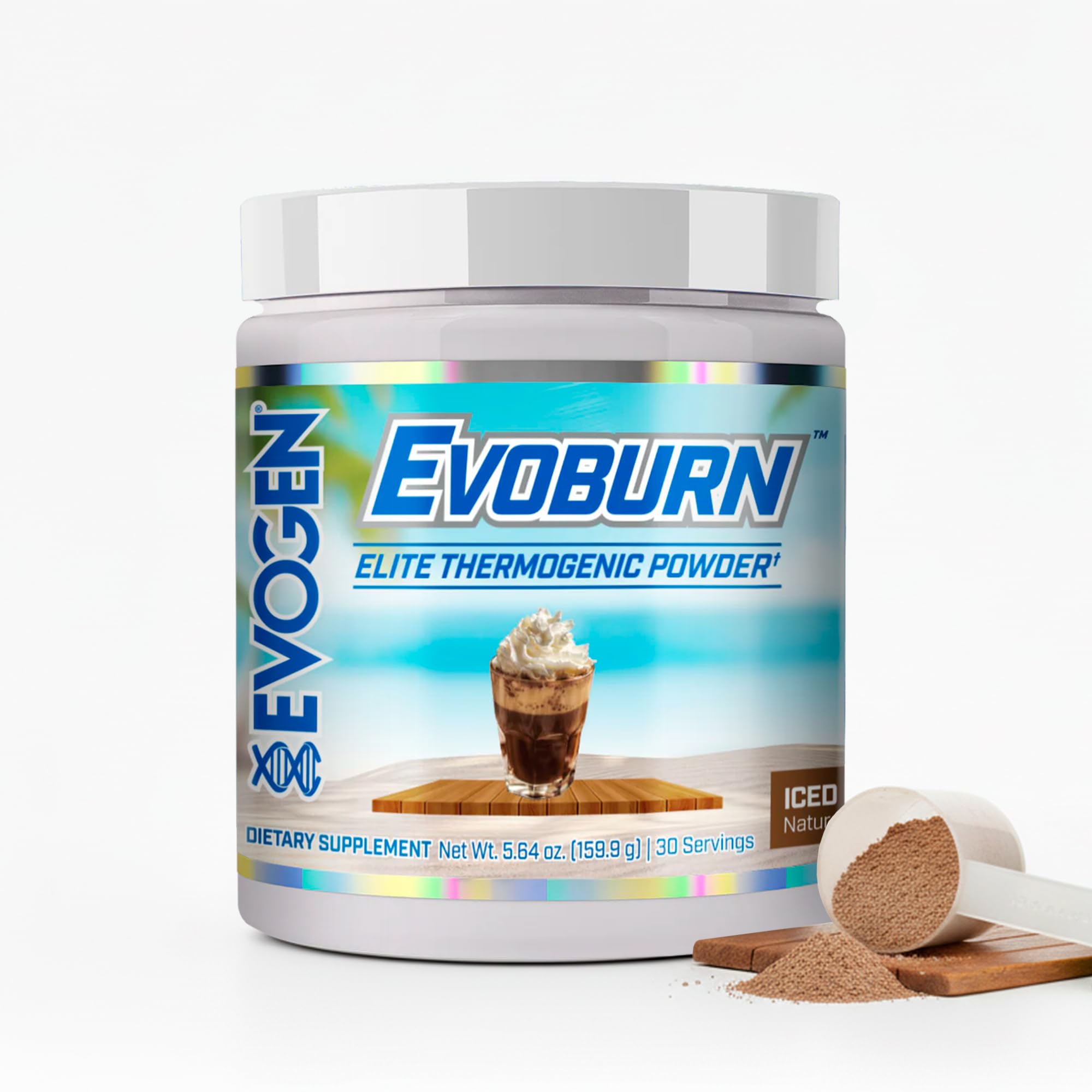Evogen Evoburn iced mocha tub label close-up for thermogenic support