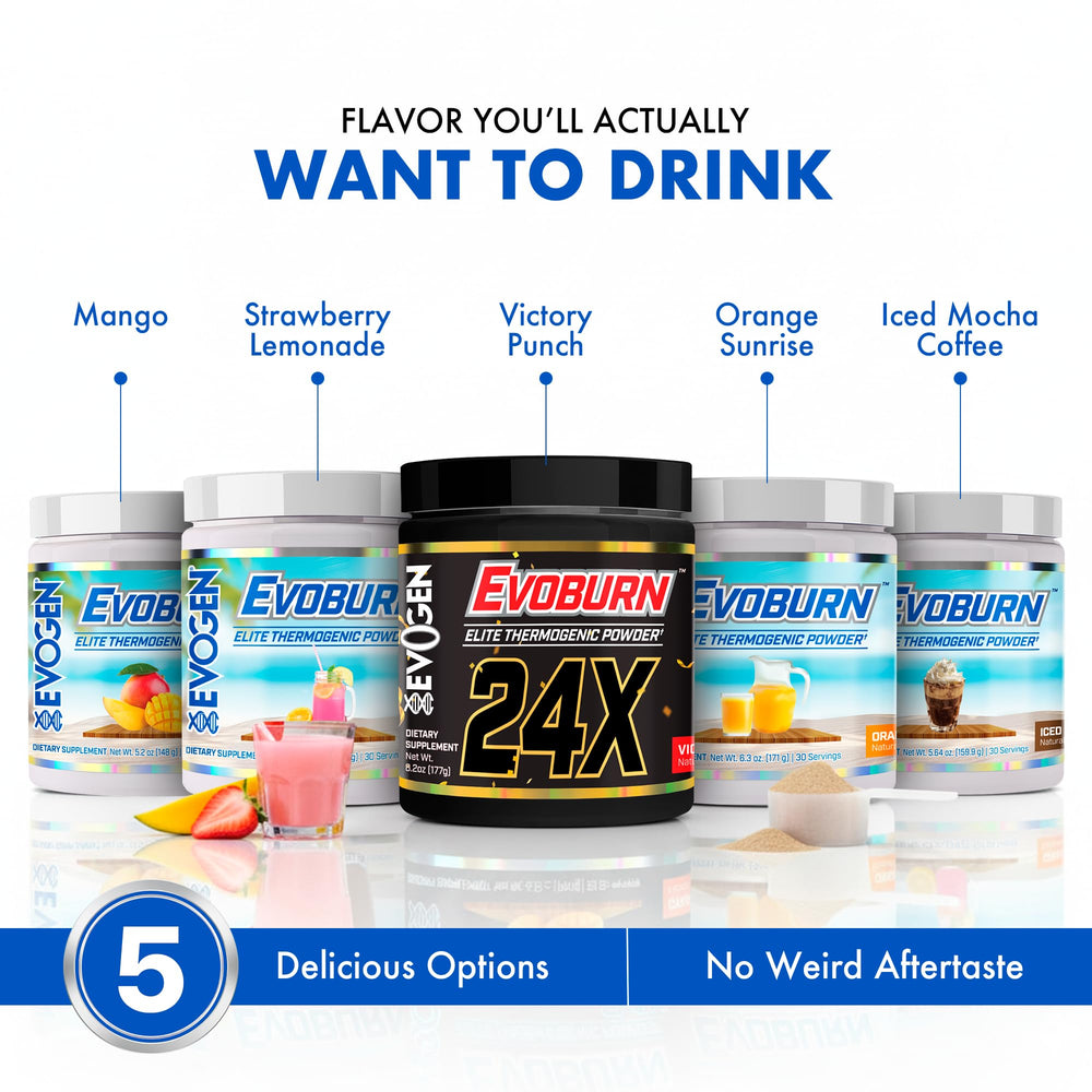 Evogen Evoburn mango powder jar open with scoop for pre-workout boost