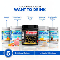 Evogen Evoburn mango powder jar open with scoop for pre-workout boost