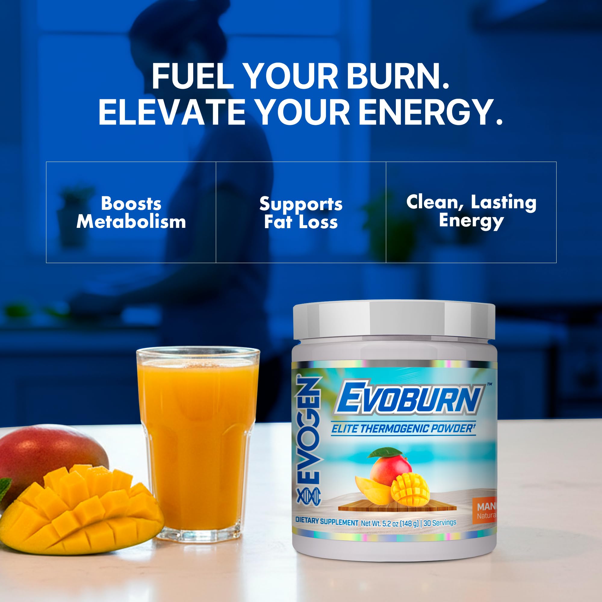 Evogen Evoburn mango measuring scoop showing precise serving
