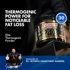 Evogen Evoburn serving scoop with powder suggests easy daily dosing and steady energy.