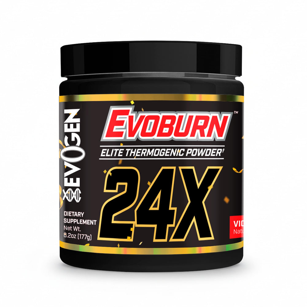 Evogen Evoburn tub label closeup highlighting MitoBurn for thermogenic support.