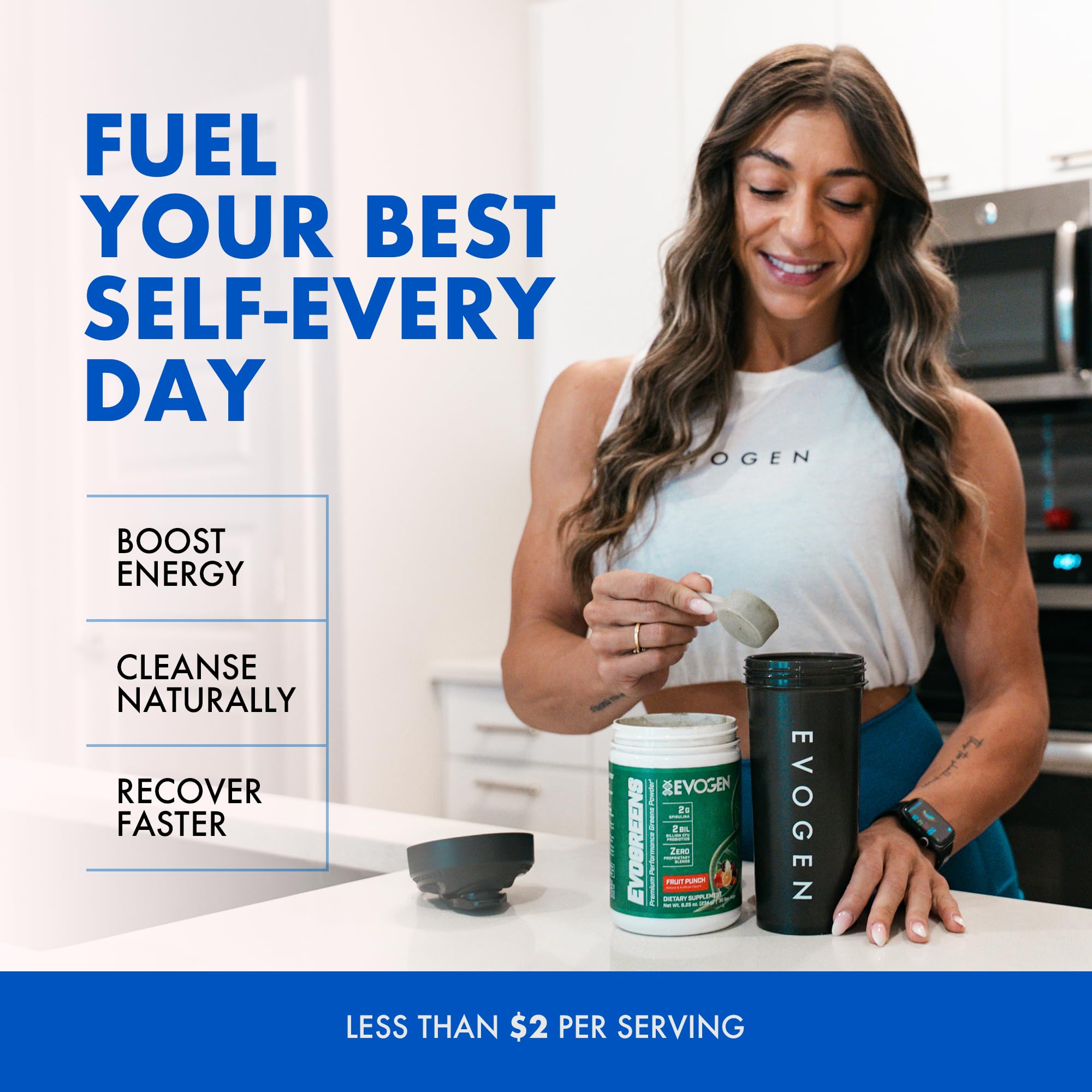 Evogen Evogreens athlete recovery shake for post-workout nourishment.