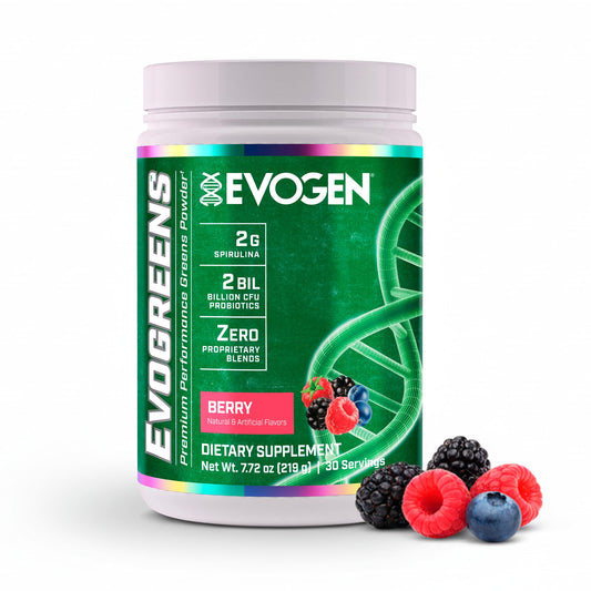 Evogen Evogreens berry bottle pour for easy daily greens boost