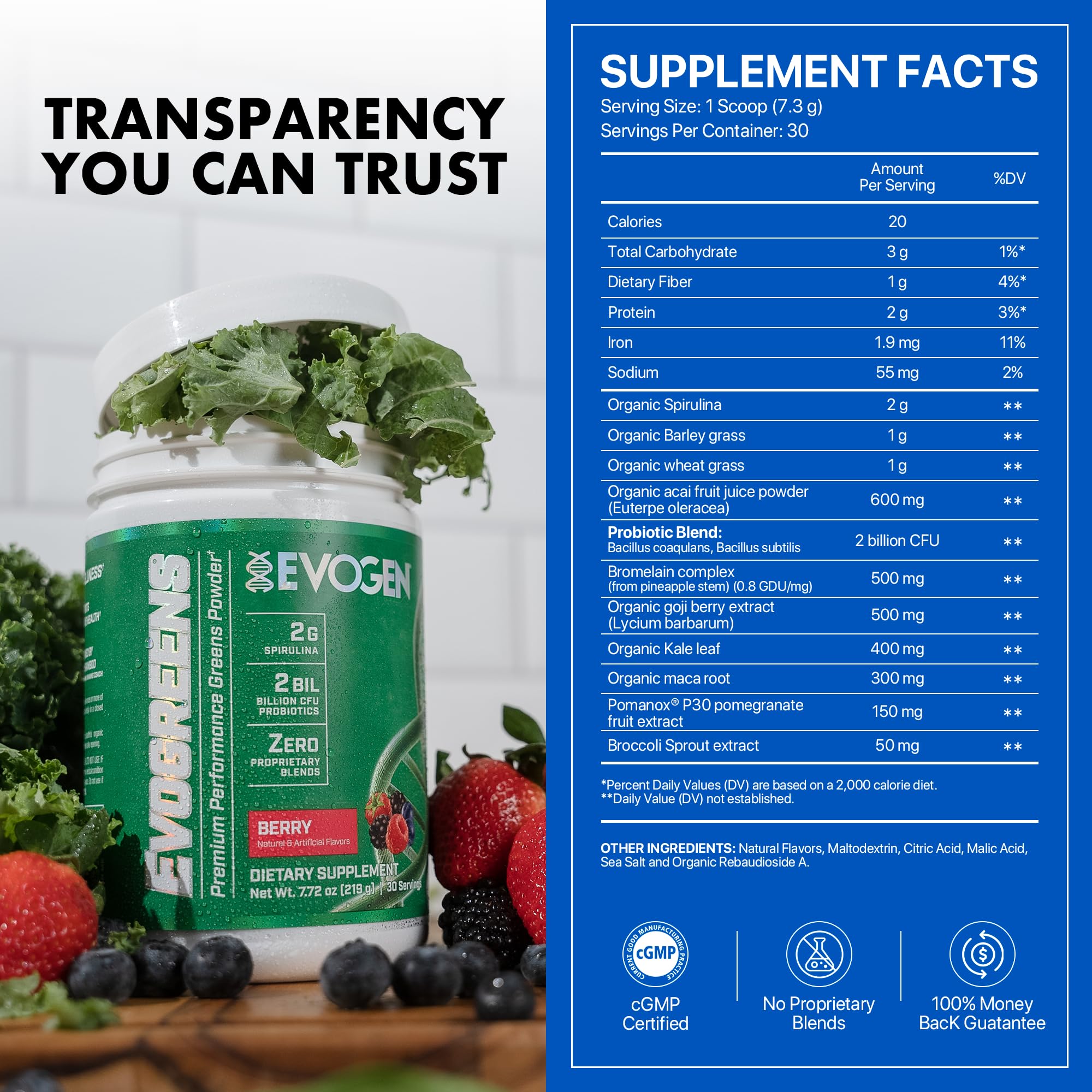 Evogen Evogreens berry packaging closeup highlighting premium greens powder
