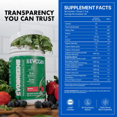 Evogen Evogreens berry packaging closeup highlighting premium greens powder