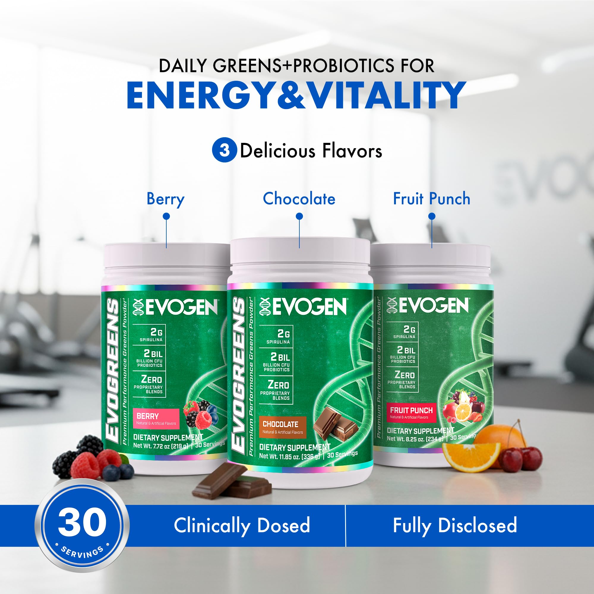 Evogen Evogreens berry powder dispense showing convenient scoop