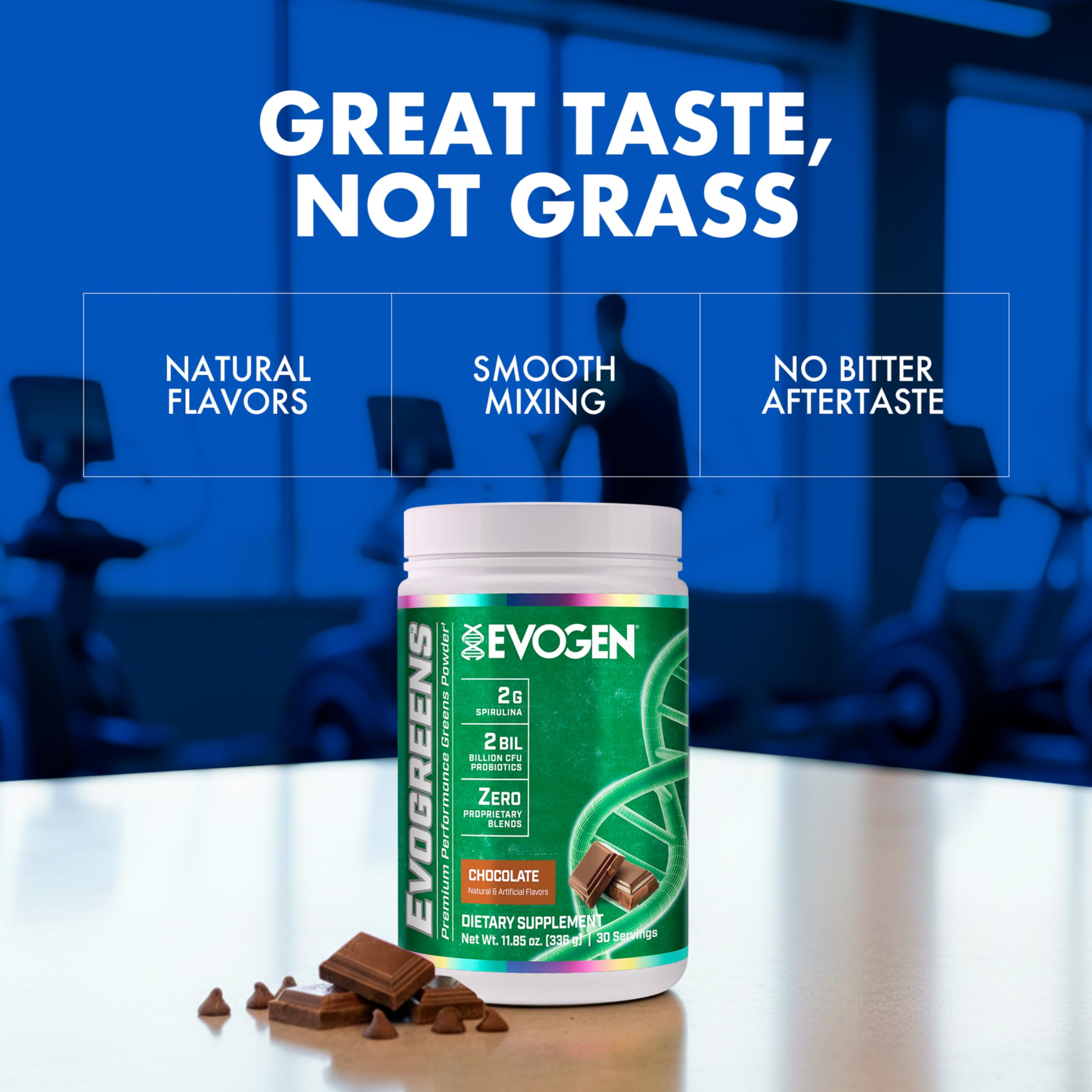 Evogen Evogreens spirulina pomegranate blend highlights antioxidant-rich greens.
