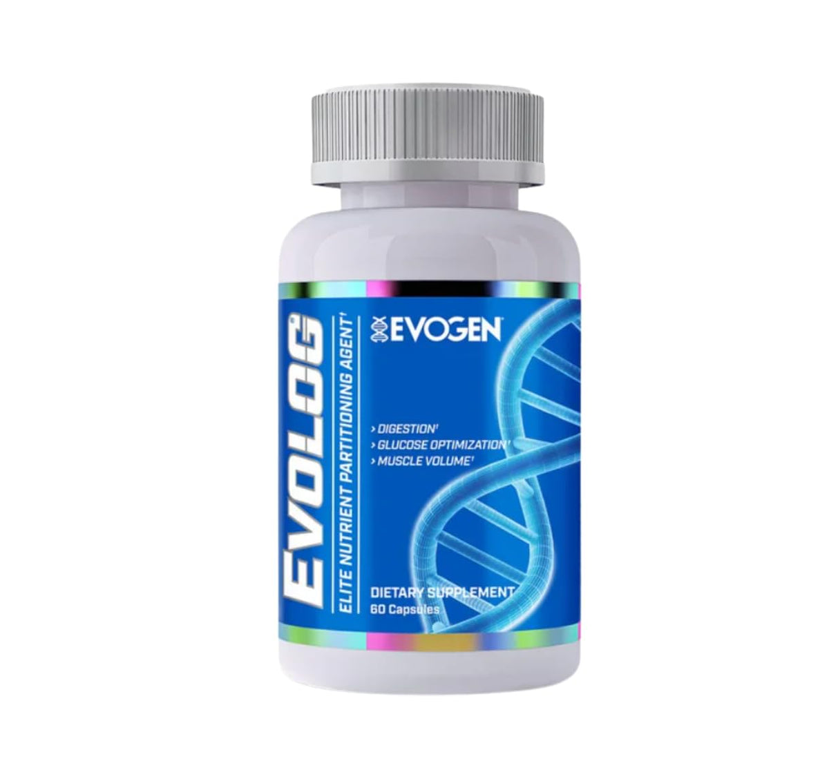 Evogen Evolog bottle pouring powder highlighting glucose disposal support for lean gains.