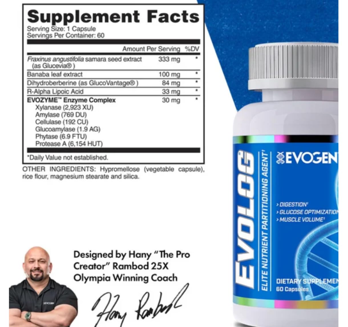 Evogen Evolog ingredient stack close-up shows digestive enzymes for better absorption.