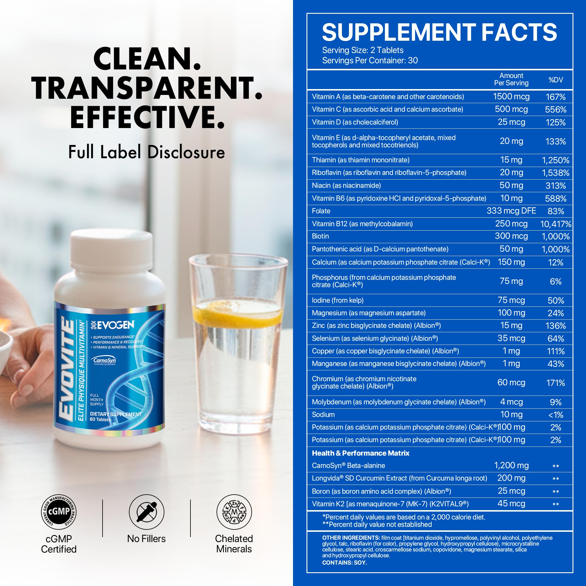 Evogen Evovite nutrition panel highlighting complete vitamin and mineral support