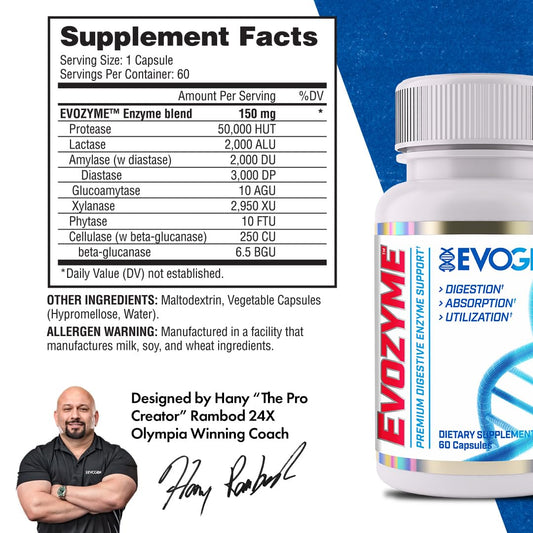 Evogen Evozyme bottle top view highlights science-backed enzymes supporting digestion.