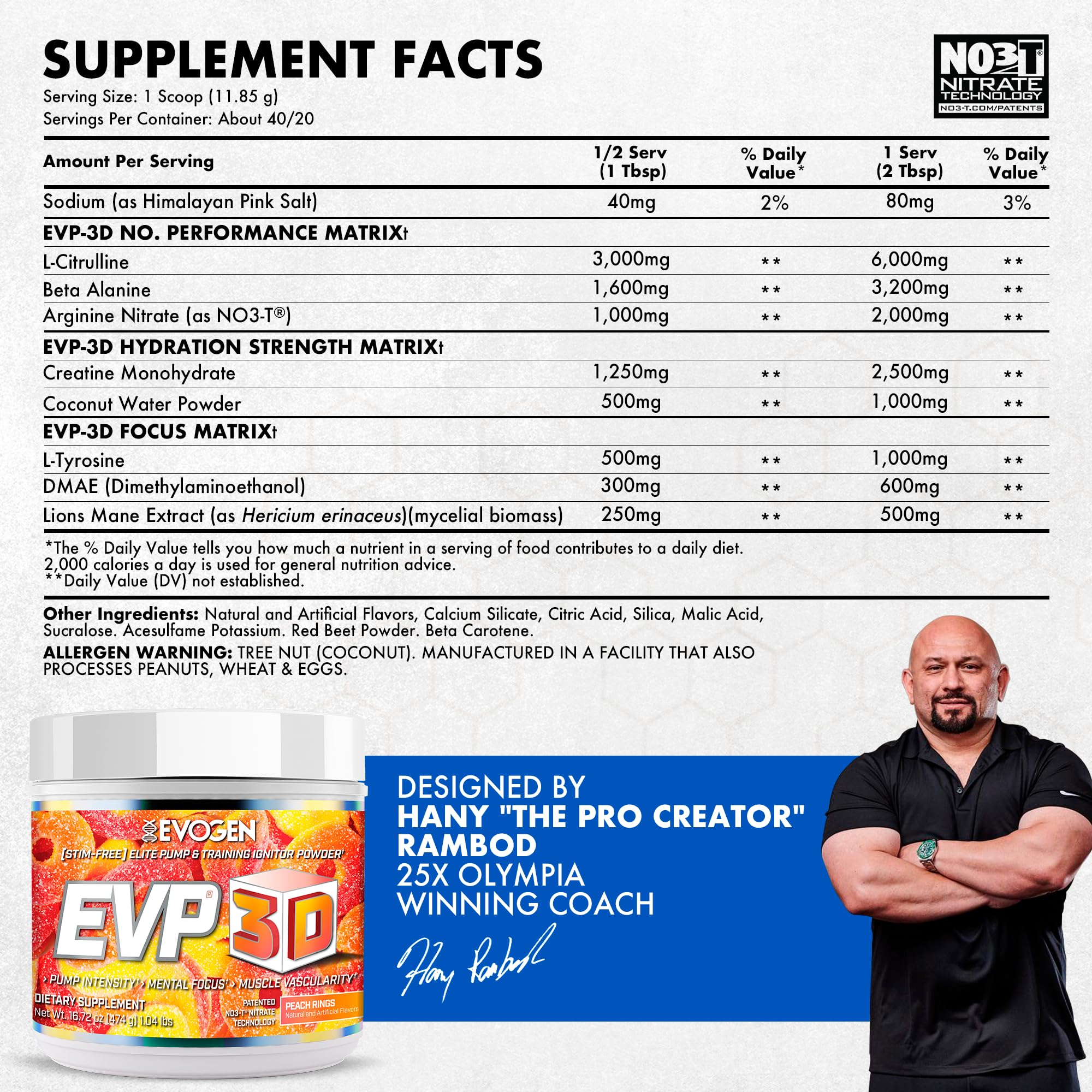 Evogen EVP-3D bottle with arginine nitrate highlighting improved blood flow potential during workouts.