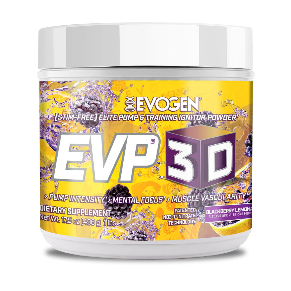 Evogen EVP-3D bottle closeup showing pump-focused formula for workouts.