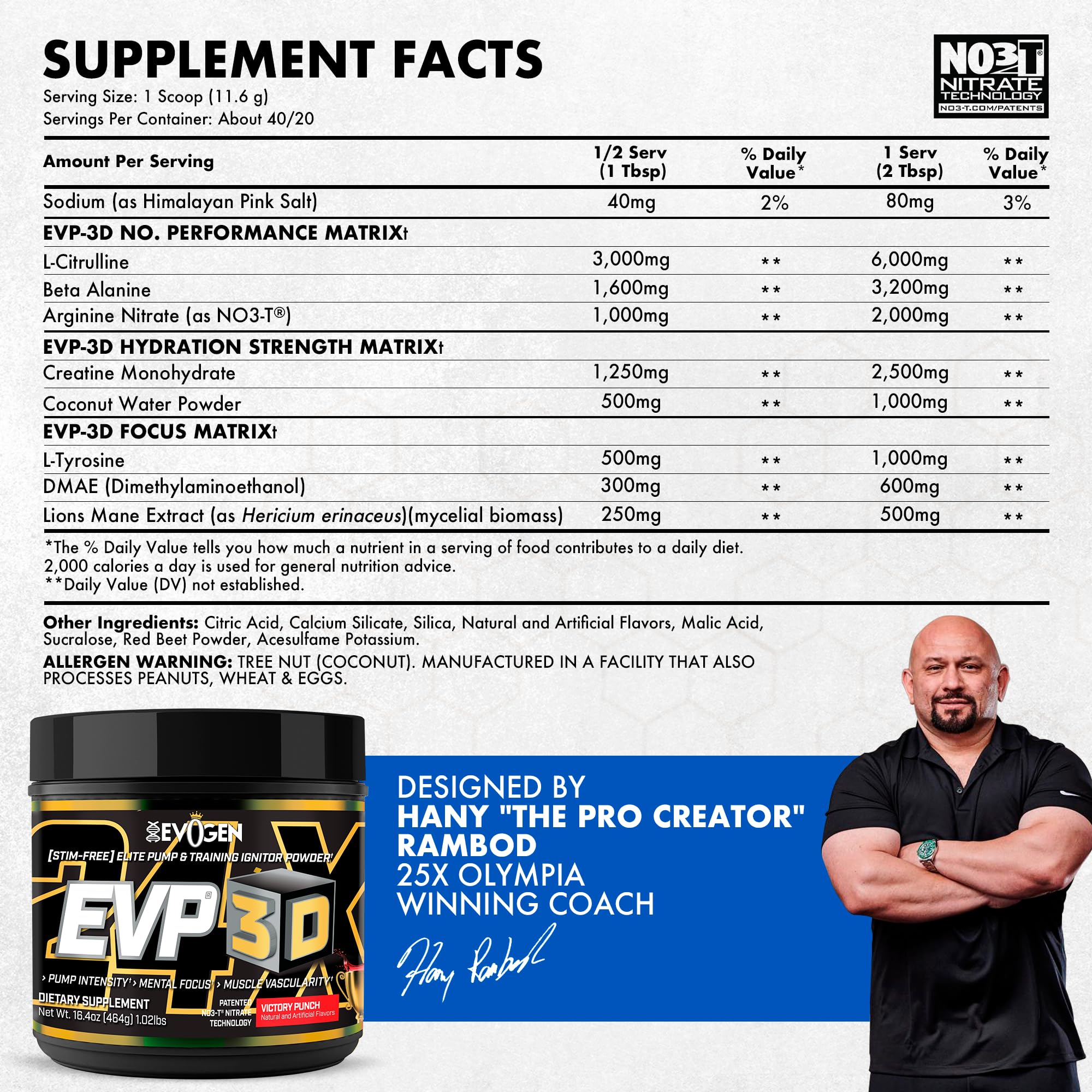 Evogen EVP 3D bottle front highlights a non-stimulant formula for focused training
