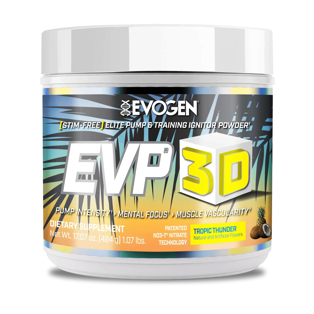 Evogen EVP 3D bottle front in Tropic Thunder flavor, non-stimulant pre-workout.