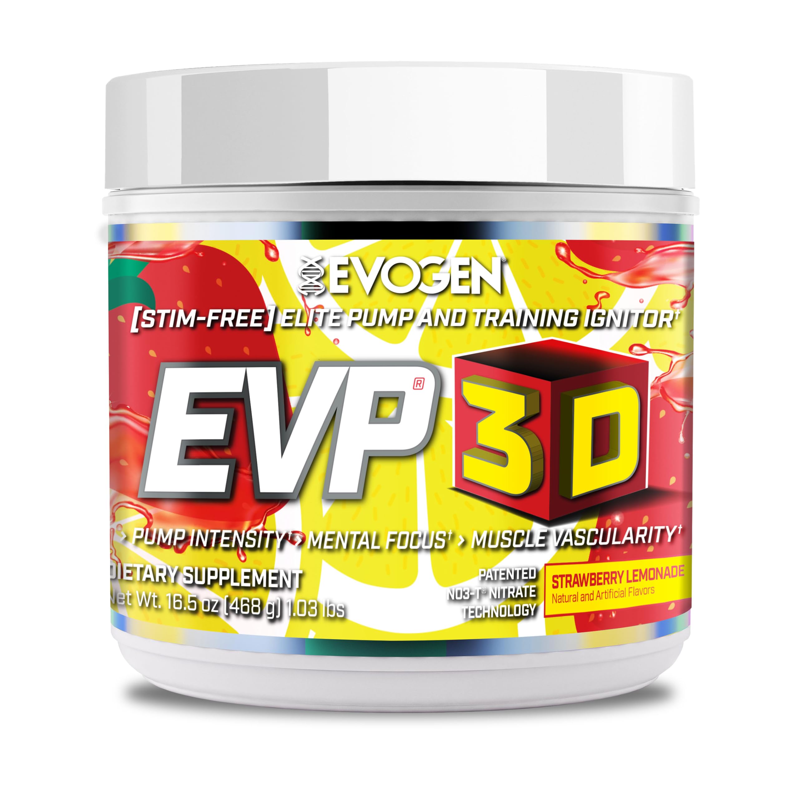 Evogen EVP 3D bottle front view highlighting sugar‑free pre workout
