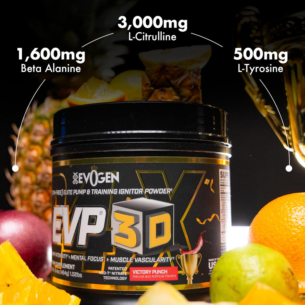 Evogen EVP 3D canister powder shot highlights coconut water for hydration