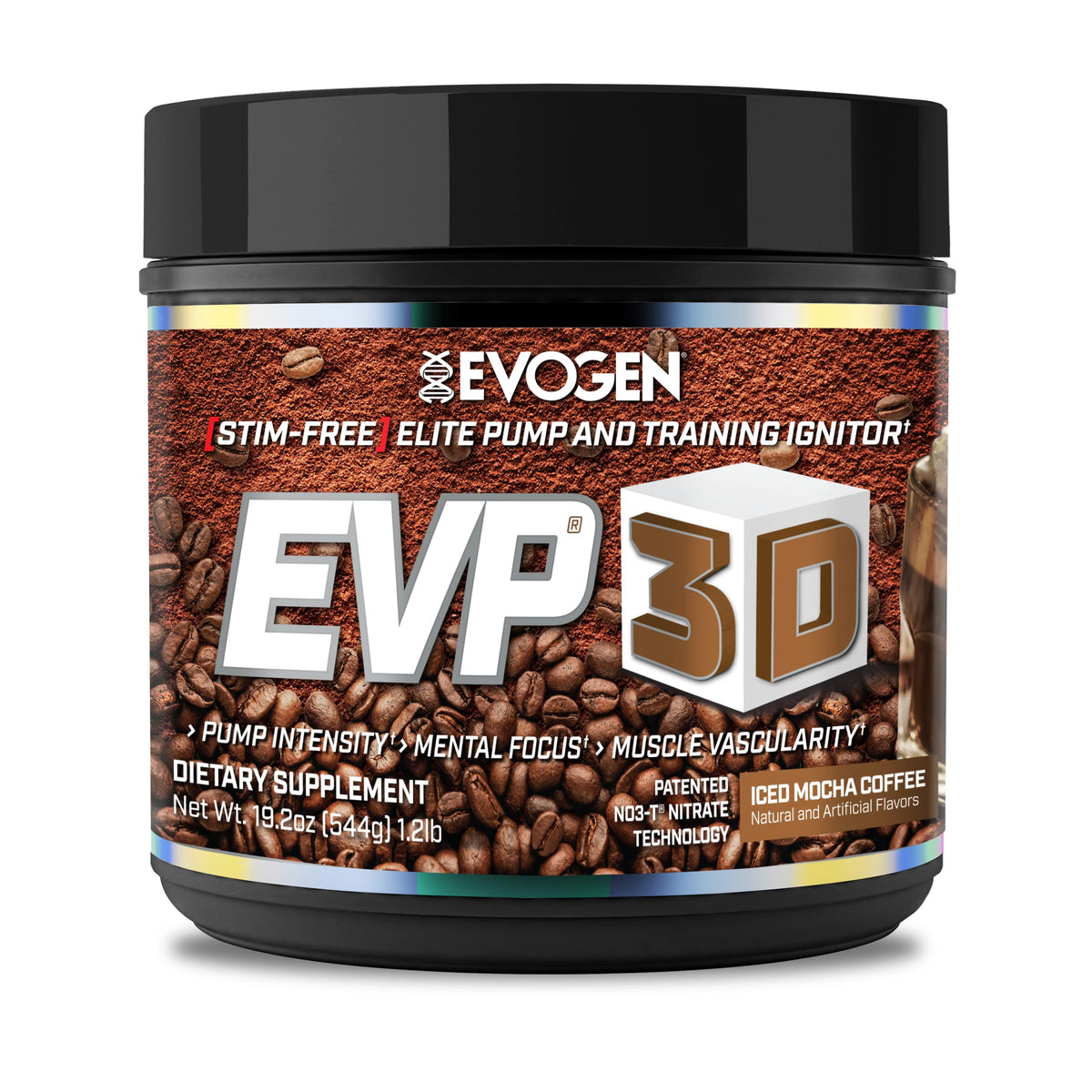 Evogen EVP 3D iced mocha bottle ready for stimulant-free pre-workouts.