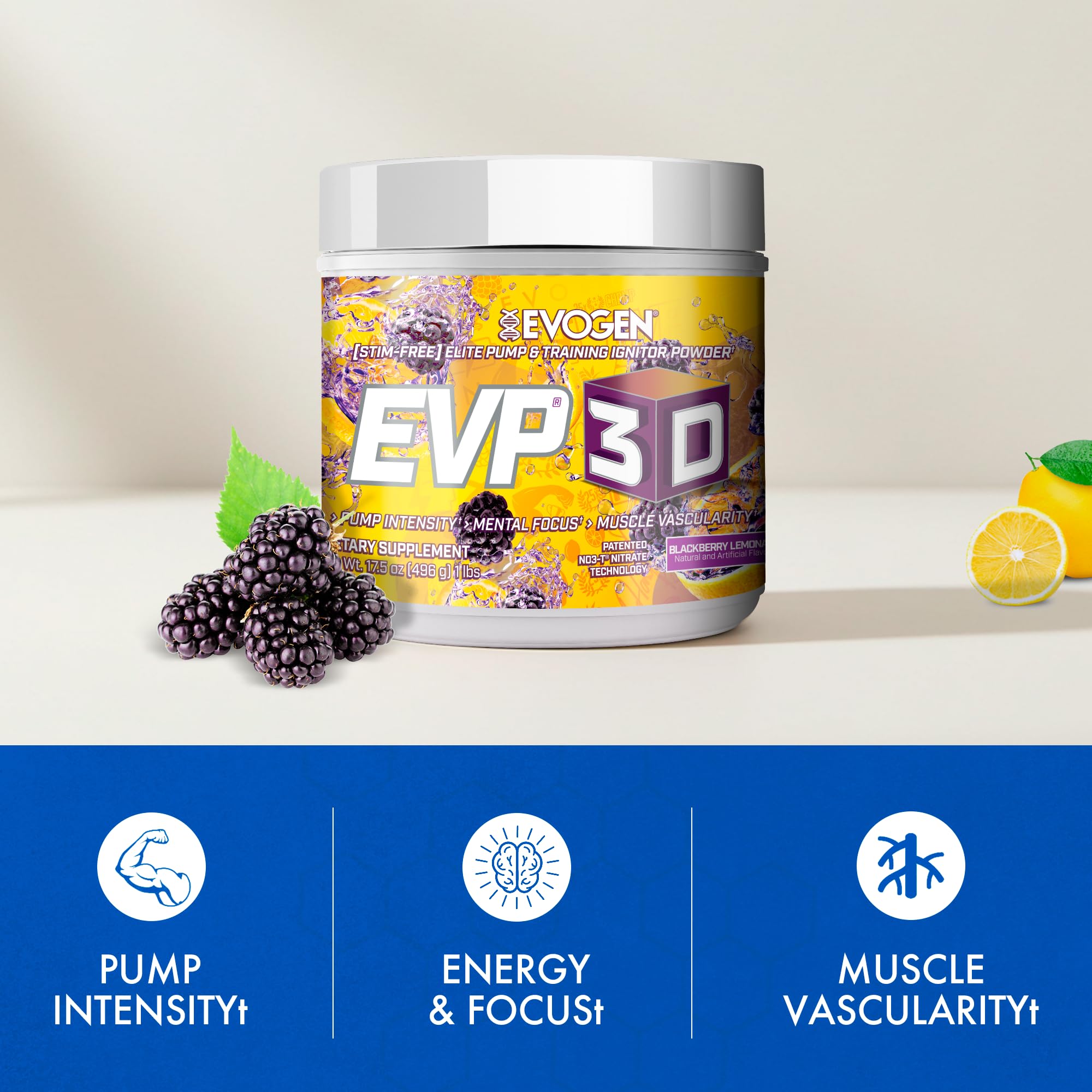 Label close-up highlighting NO3-T and creatine for hydration and volume.