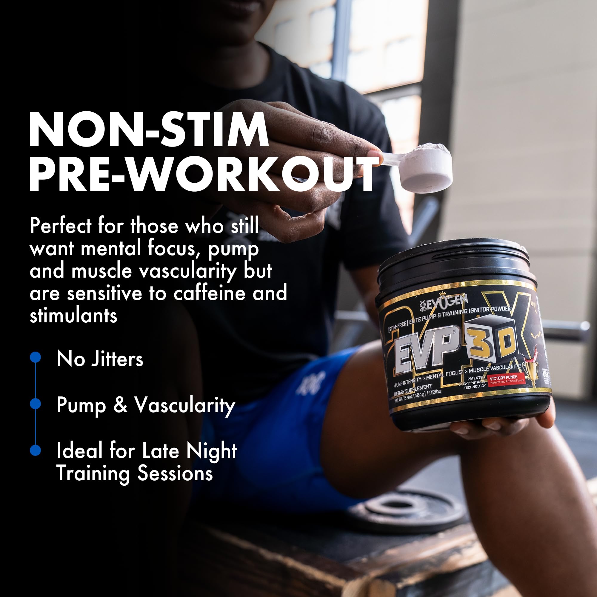 Evogen EVP 3D label detail emphasizes L-Citrulline and Arginine Nitrate for pumps