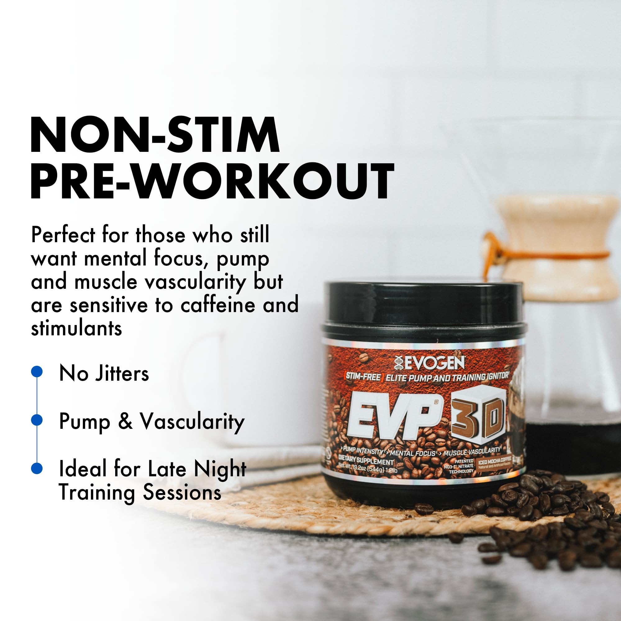 Evogen EVP 3D powder dissolving in water for a smooth, sugar-free mix.