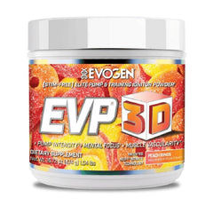 Evogen EVP-3D pump bottle showing Peach Rings formula for enhanced pre-workout vascularity.
