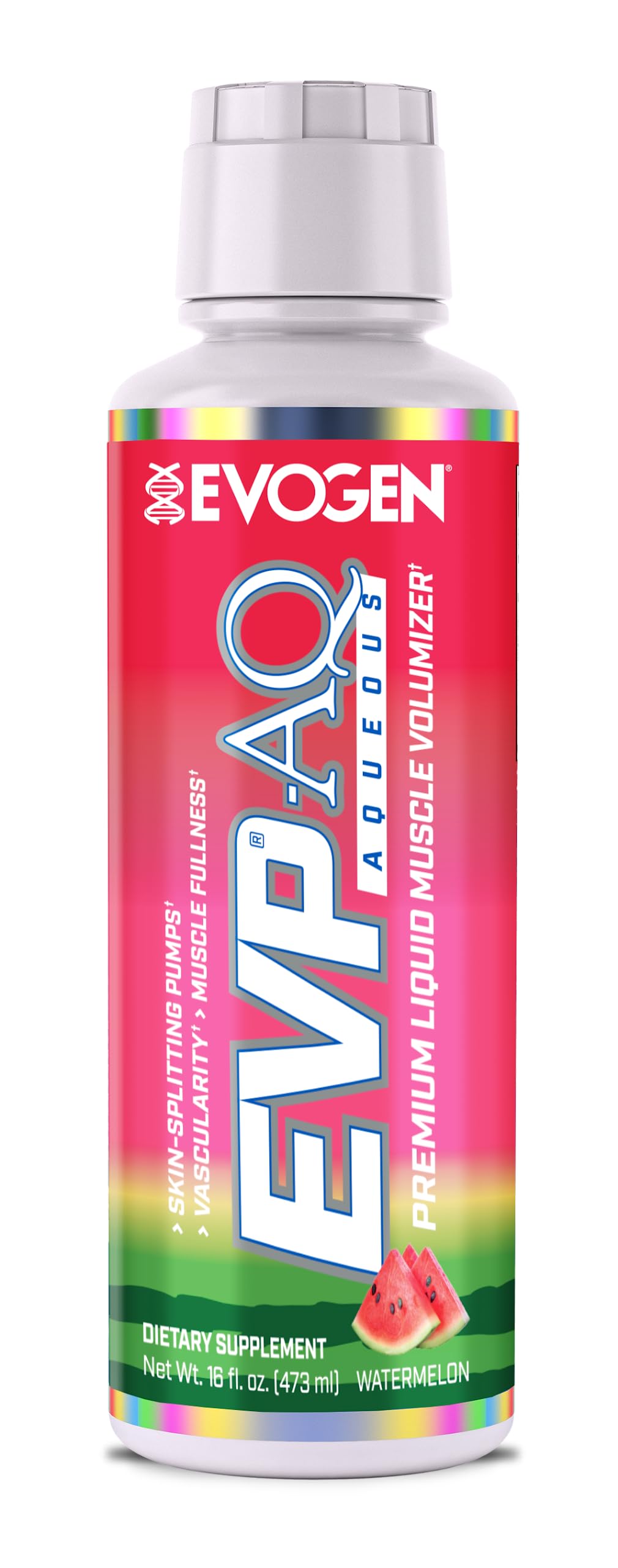 Evogen EVP AQ bottle pour highlights hydration-focused pre-workout for pumps.