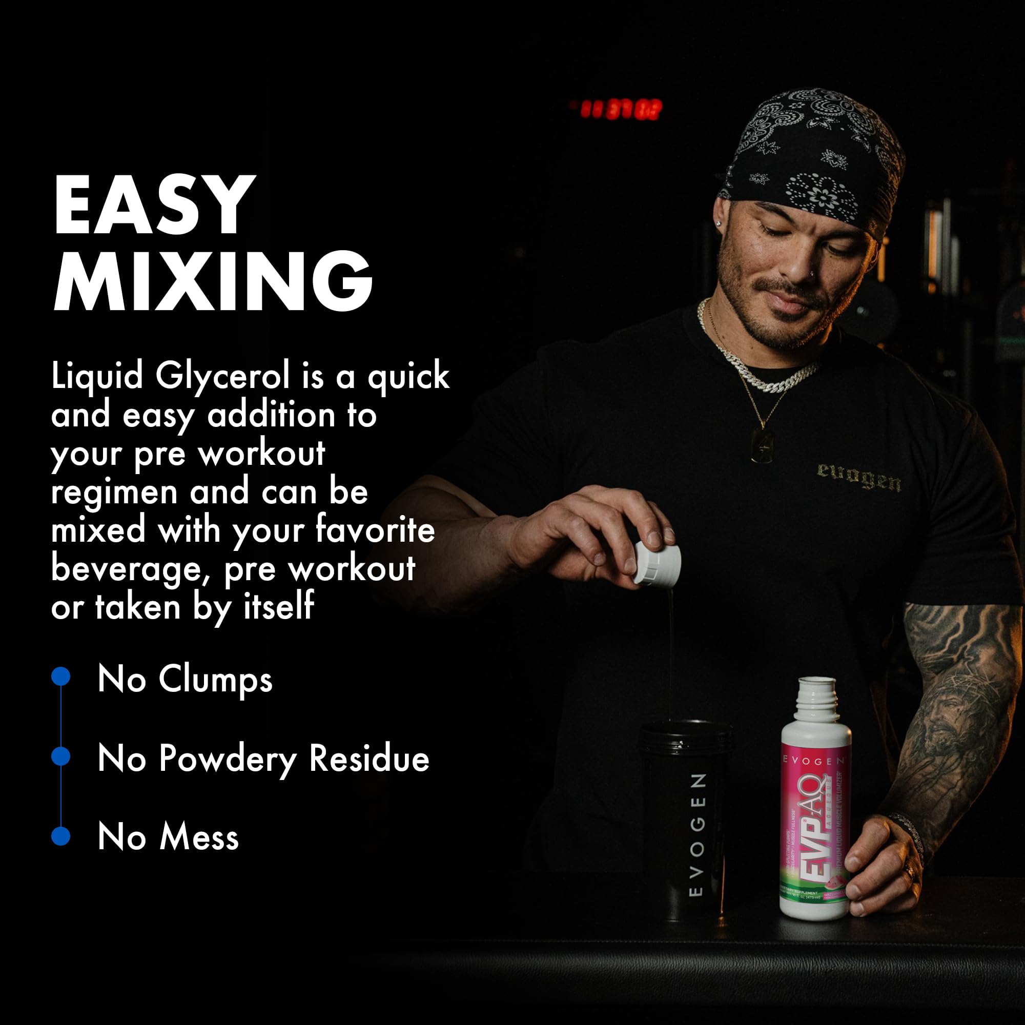 Evogen EVP AQ label close-up emphasizes premium ingredients and clean energy.