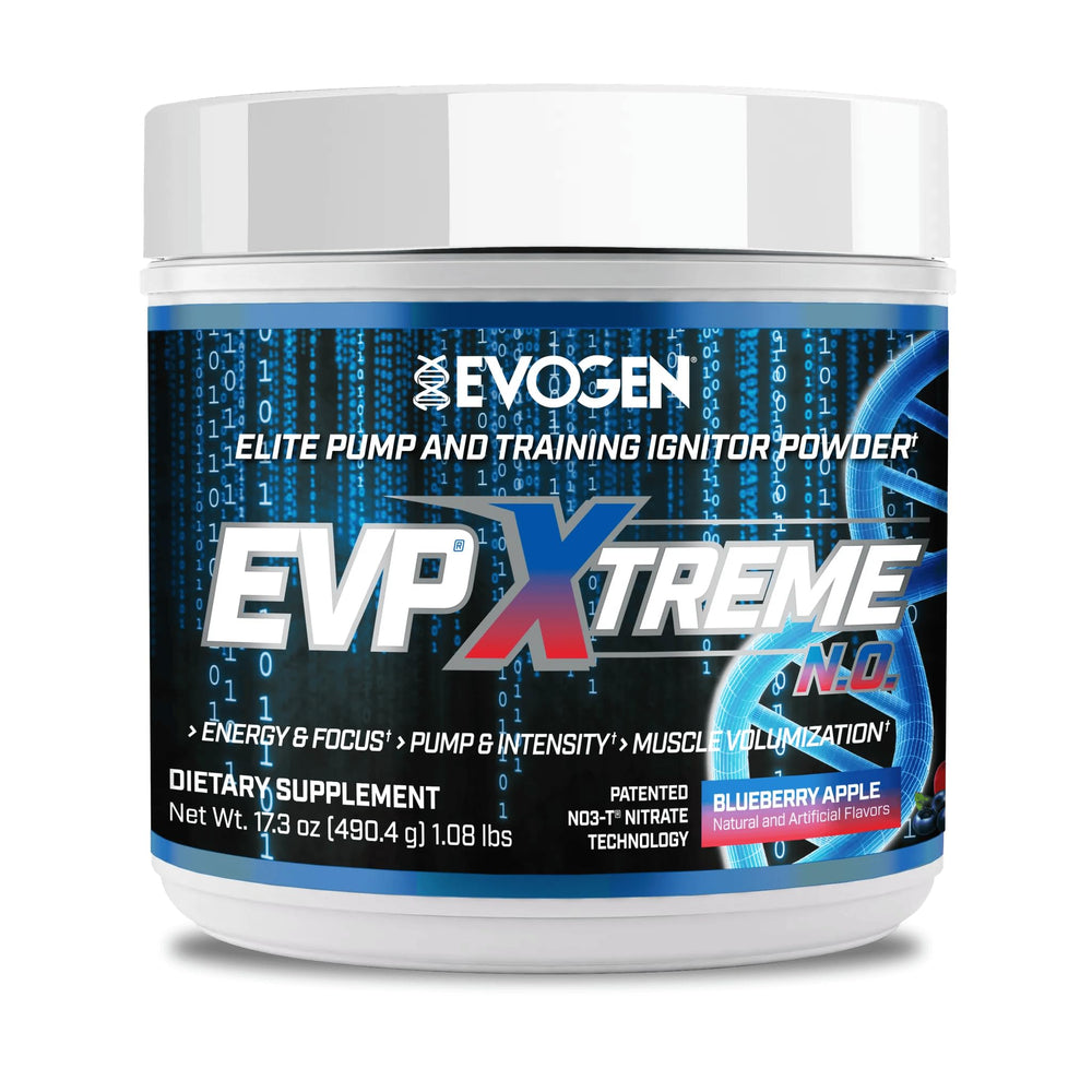 Evogen EVP Xtreme NO bottle in Blueberry Apple for energized workouts.