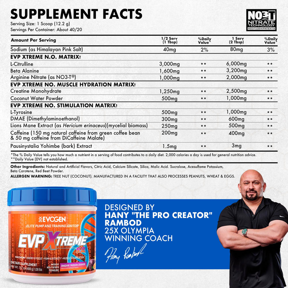 Evogen EVP Xtreme NO ingredient glow highlights citrulline and creatine.